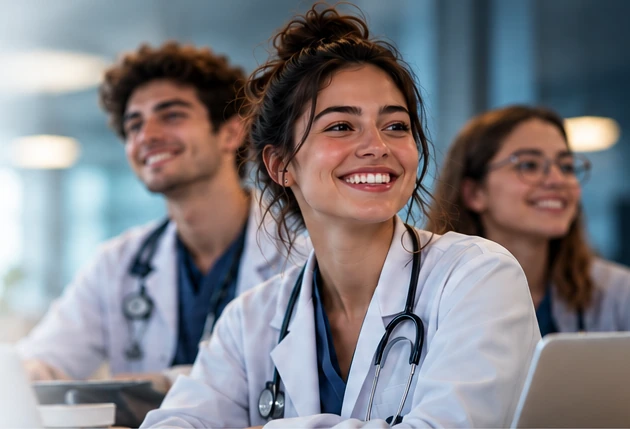 Estudantes de medicina sorrindo durante uma atividade acadêmica